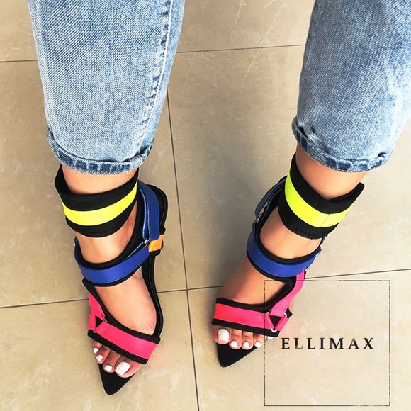 Olivia James Shoes - NEW🔥 Multi Color Hook Loop Ankle Strap Gladiator Sandal Open Toe Stiletto Heel